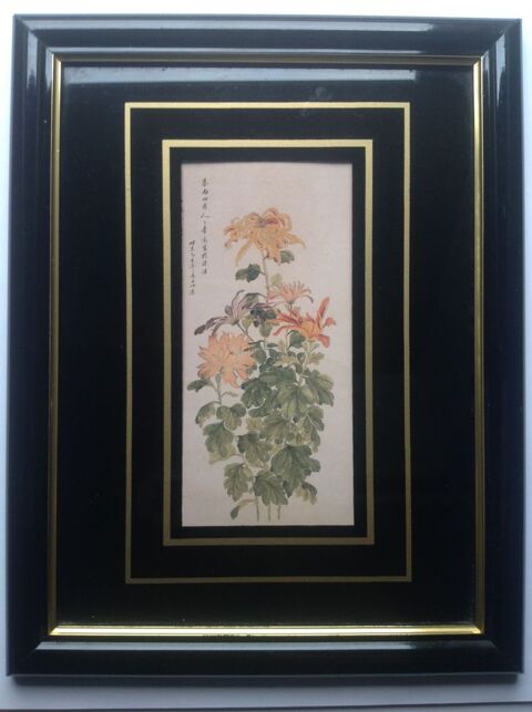 REPRODUCTION DE FLEURS D'ASIE CADRE NOIR LAQUÉ 21 x 27 cm En 12 Trégunc (29)