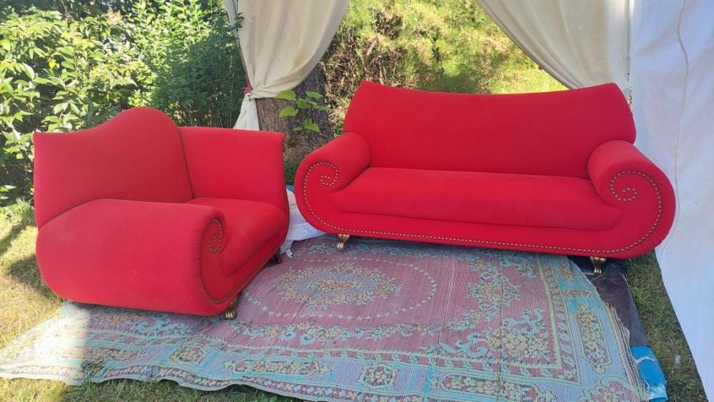 SALON DESIGN BRETZ CANAPE + FAUTEUIL VELOURS ROUGE BON ETAT Meubles