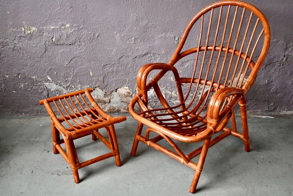 Fauteuil coquille et son ottoman adulte en rotin vintage Meubles