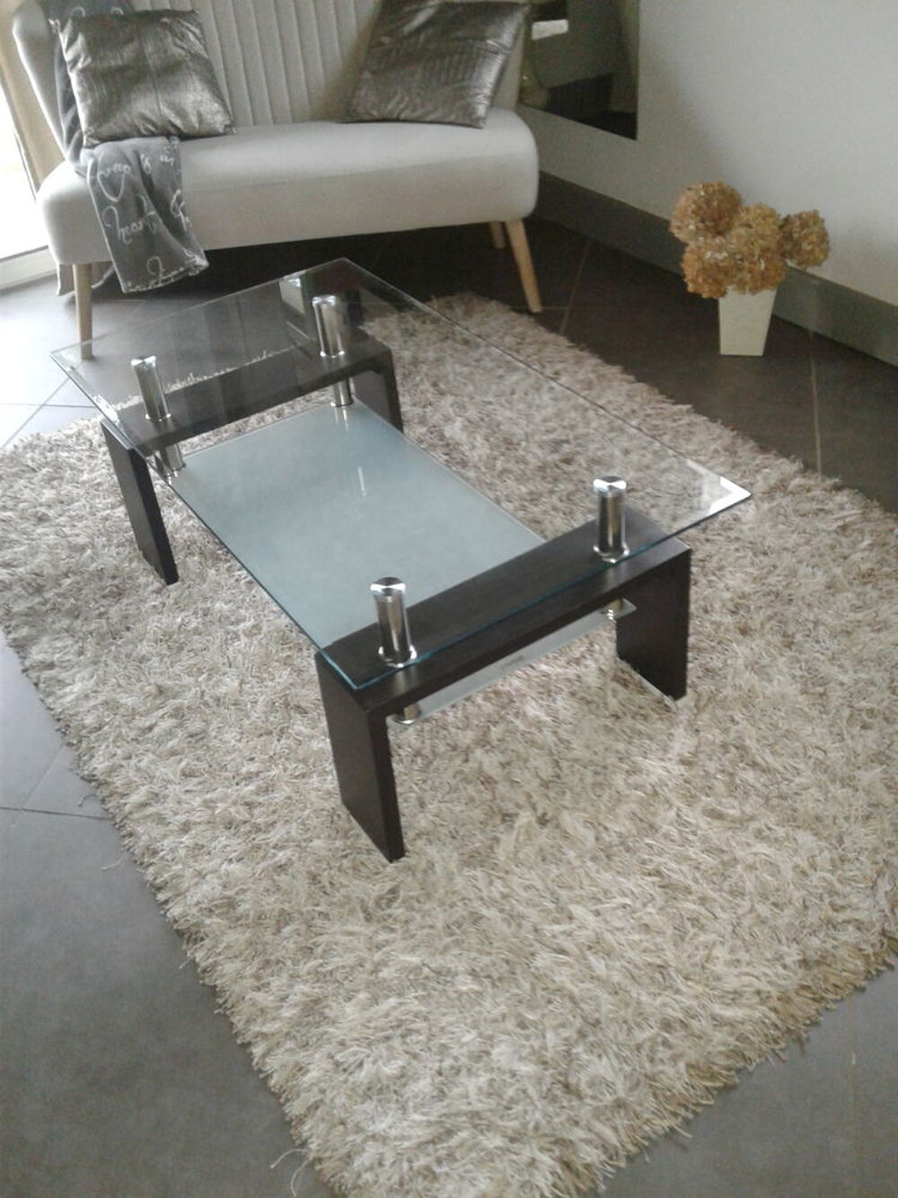 Table basse de salon contemporaine, en verre et bois weng&eacute; Meubles