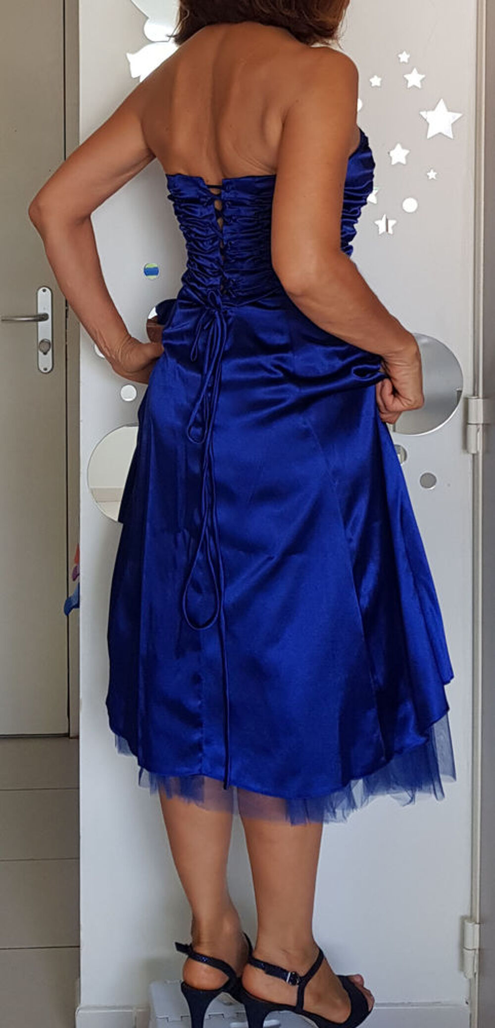 Robe bustier ajustable, bleu, &eacute;l&eacute;gante, soyeuse + &eacute;charpe Vtements