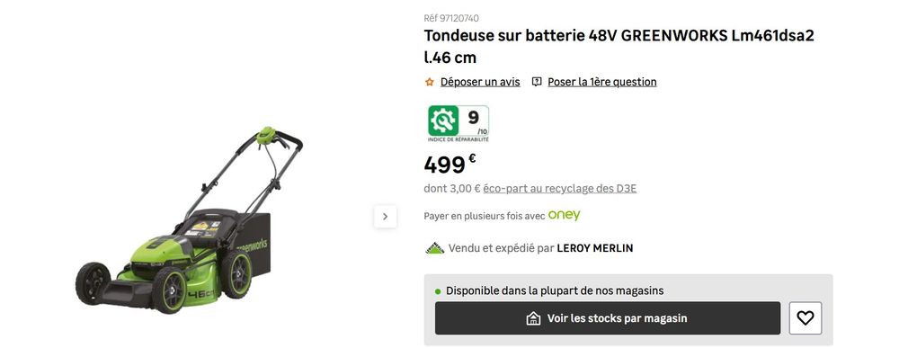 Tondeuse &eacute;lectrique GreenWorks Jardin