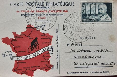 carte postale philat�lique TdF 1948 timbr�e, oblit�r�e 0 Pontoise (95)