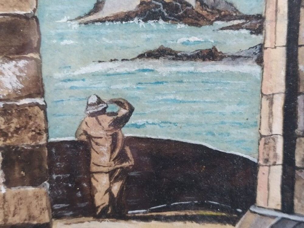 Tableau Dessin Gouache Marine P&ecirc;cheur Sign&eacute; Jampierre ca1930 