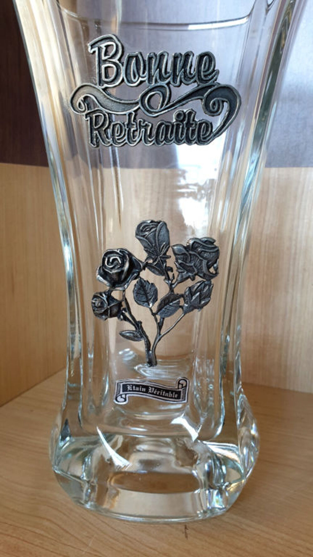 Vase en &eacute;tain v&eacute;ritable BONNE RETRAITE fleurs rose NEUF Décoration