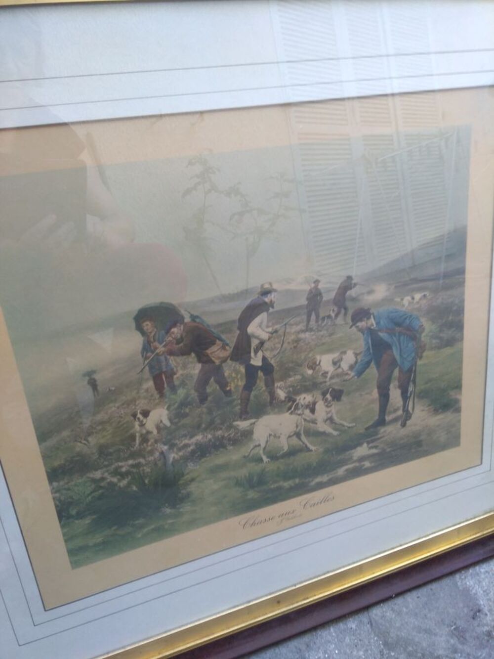 grande gravure encadr&eacute;e "la chasse aux cailles" G.GELIBERT Décoration