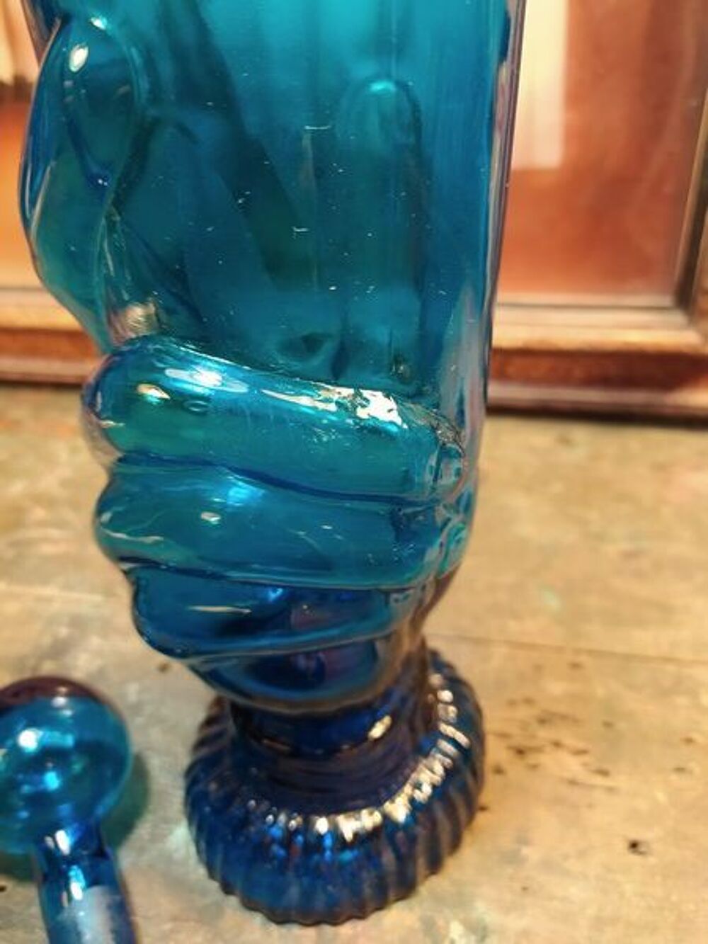 Ancienne Bouteille Sujet Legras Main Verre Bleu Cobalt Décoration
