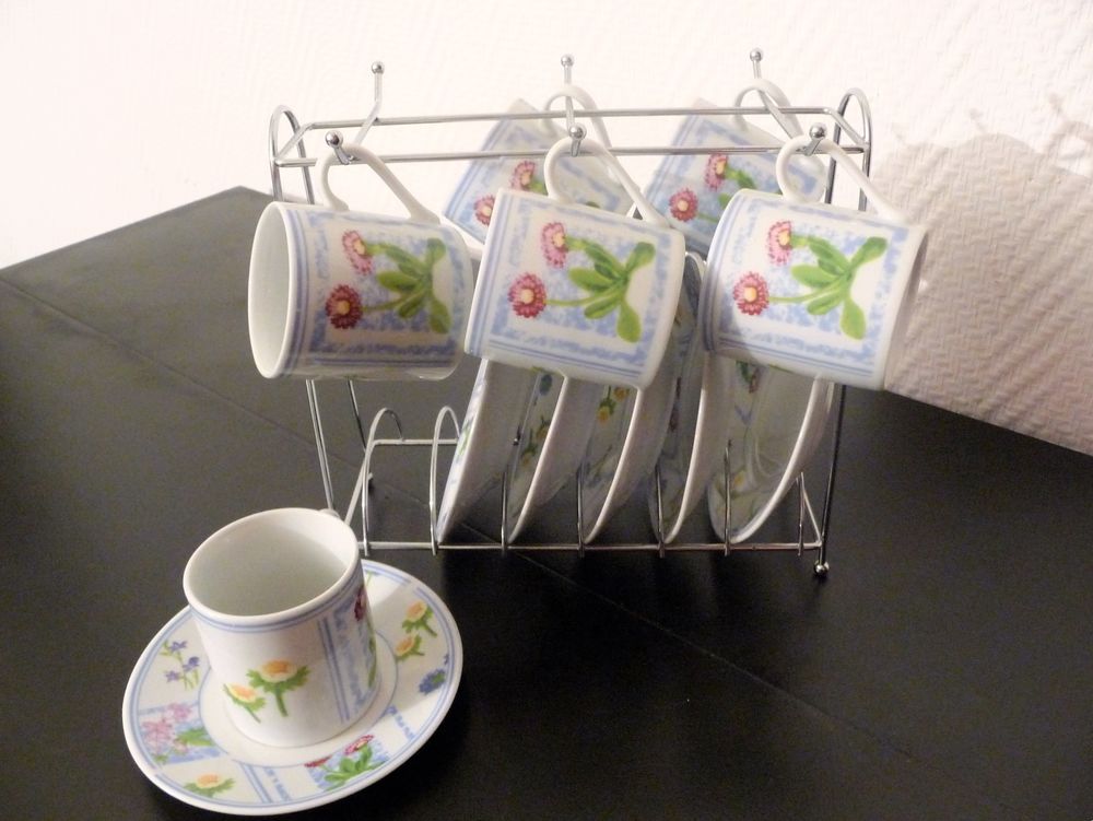 Service &agrave; Caf&eacute; Porcelaine Multicolore avec Support, 6 Tasses Electroménager