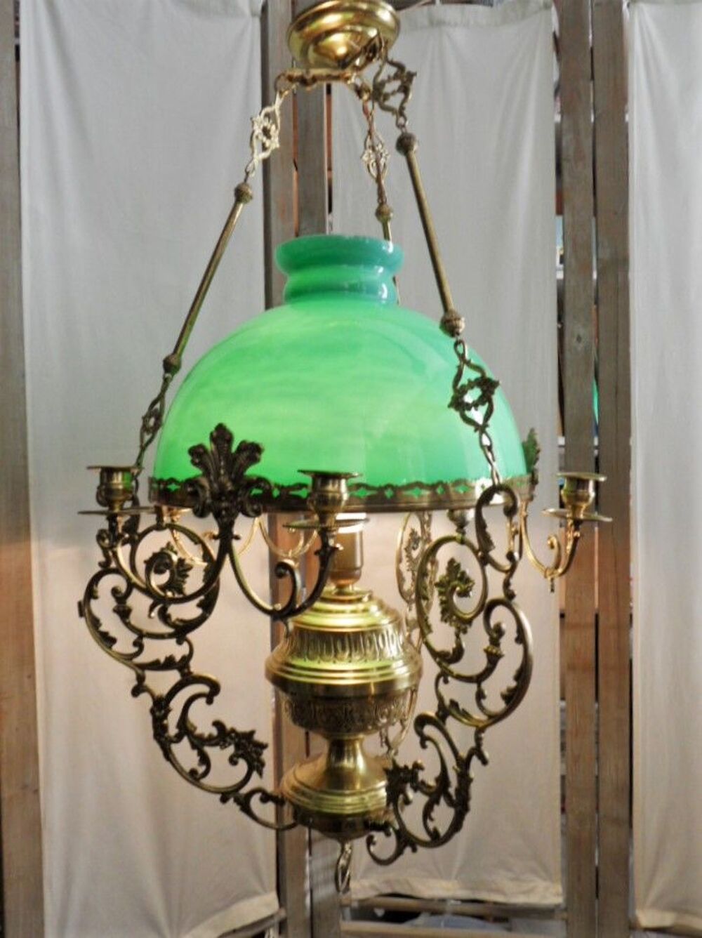 SUSPENSION LUSTRE LAMPE ART NOUVEAU OPALINE BRONZE CUIVRE or Dcoration
