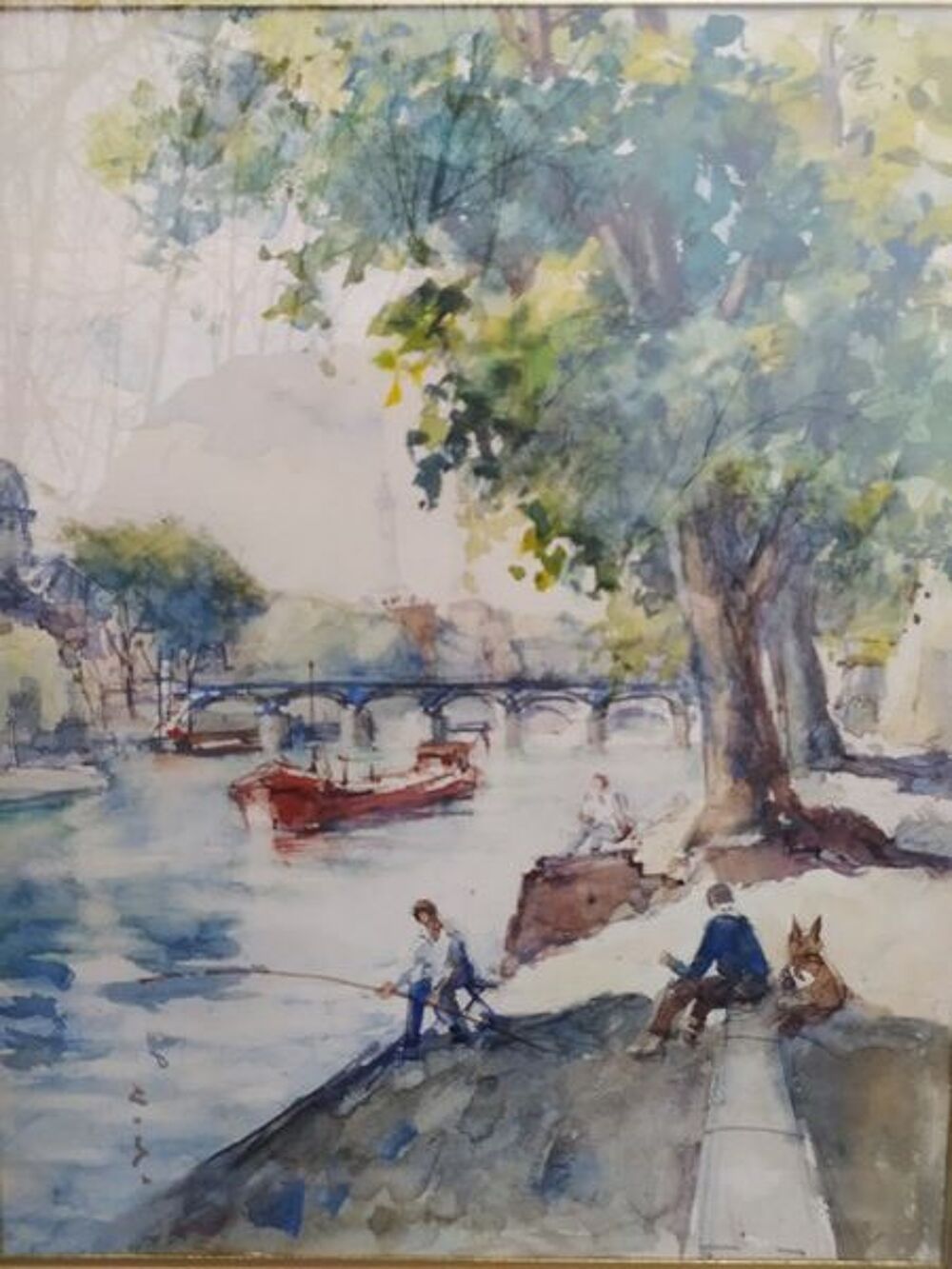 Tableau Aquarelle Paris Bord de Seine Anim&eacute;e ca1960 