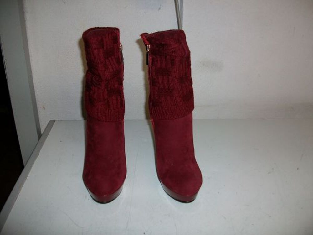 Bottines Bordeaux tige tricot &agrave; talons 13 cm pt 39 -neuves Chaussures