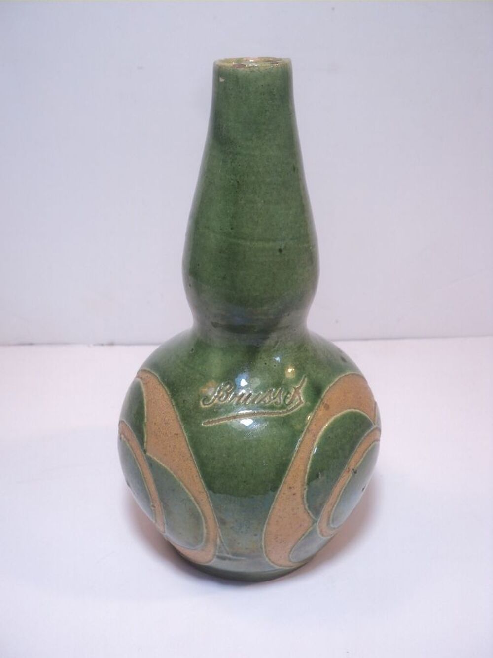 Ancien Vase Bouteille Gr&egrave;s &Eacute;maill&eacute; Sign&eacute; Brusset Décoration