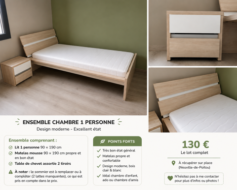 Lit avec sommier matelas table de chevet 130 Neuville-de-Poitou (86)