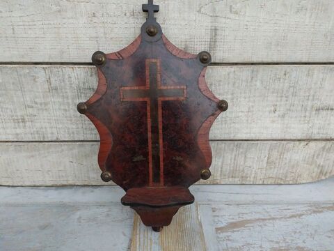 Ancien B�nitier Socle Crucifix Marqueterie Bois de Loupe 45 Loches (37)