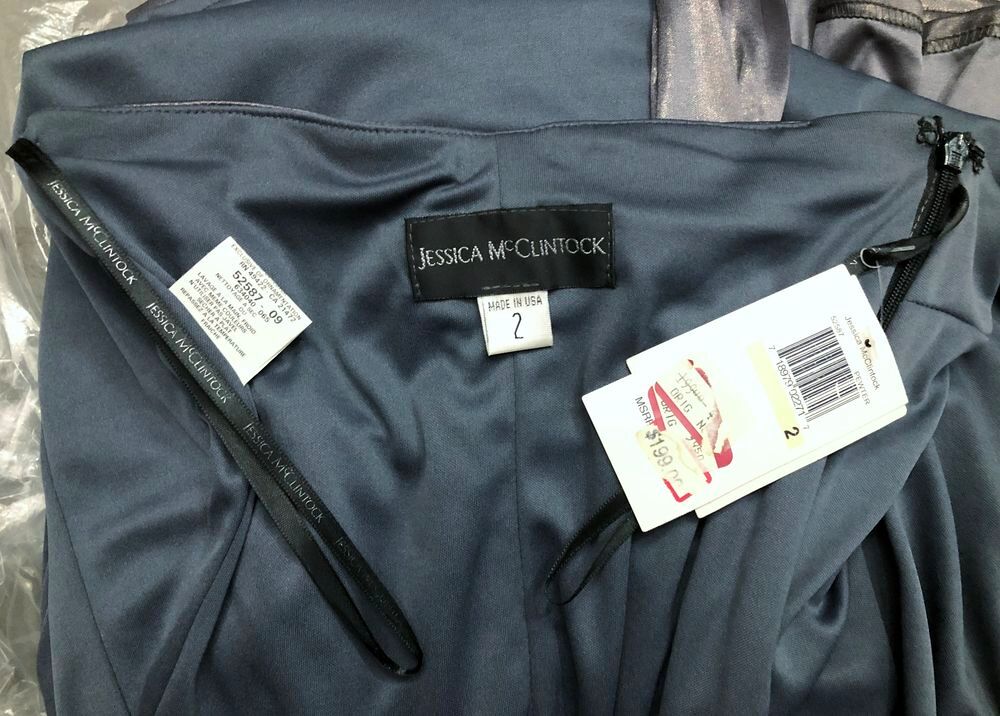 JESSICA McCLINTOCK - NEW - ROBE DE SOIR&Eacute;E GRIS M&Eacute;TALLIS&Eacute; S Vtements