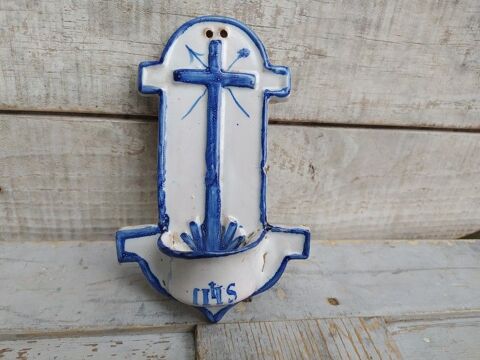 Ancien Bnitier Religieux IHS Faence de Nevers XVIIIme 69 Loches (37)