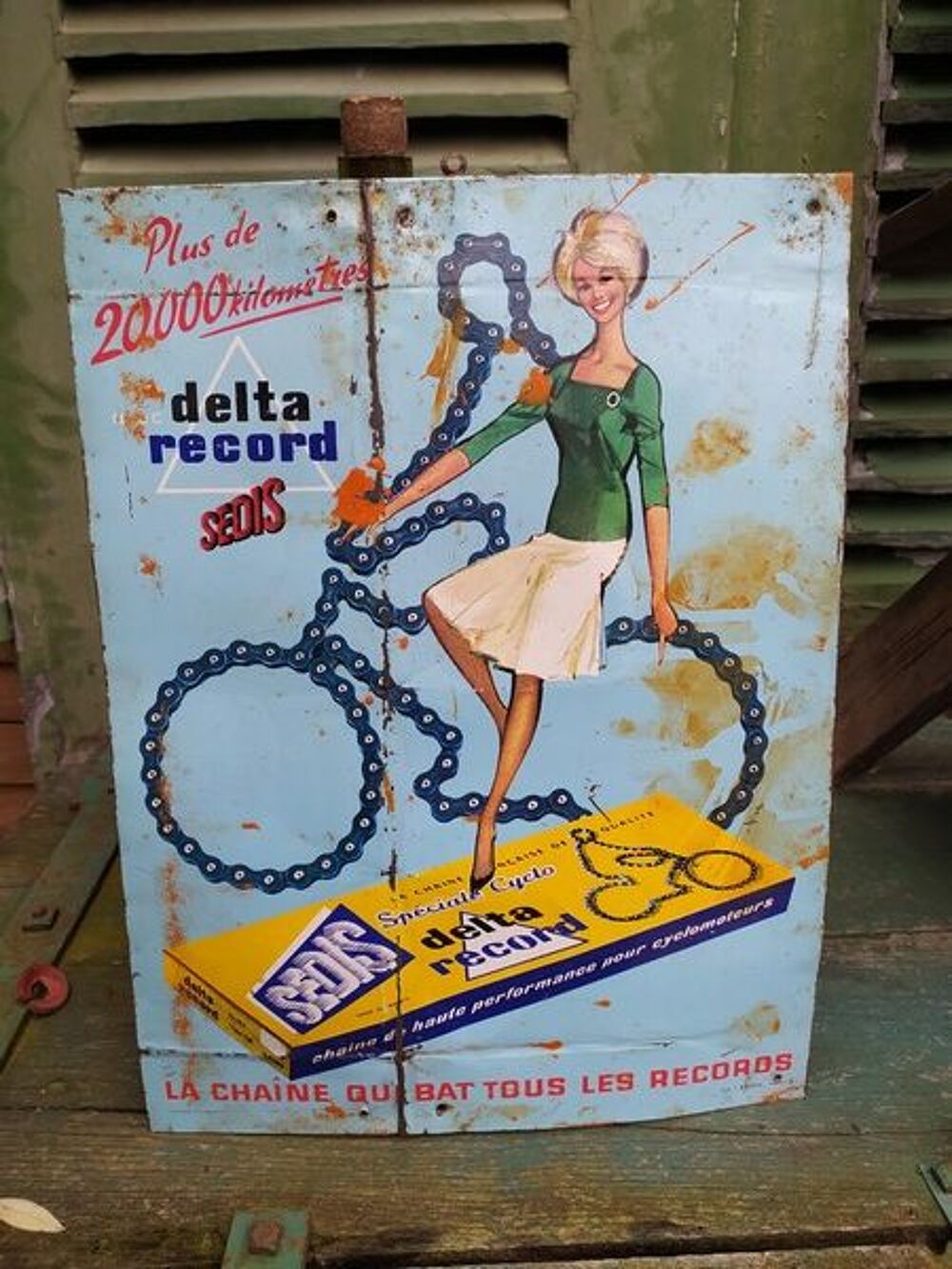 Plaque T&ocirc;le Publicitaire Sedis Delta Record Chaine de V&eacute;lo 