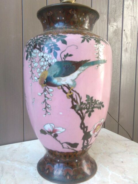 Cloisonné asiatique rose rare PIED de LAMPE 30 cm de haut 560 Roquefort-les-Pins (06)