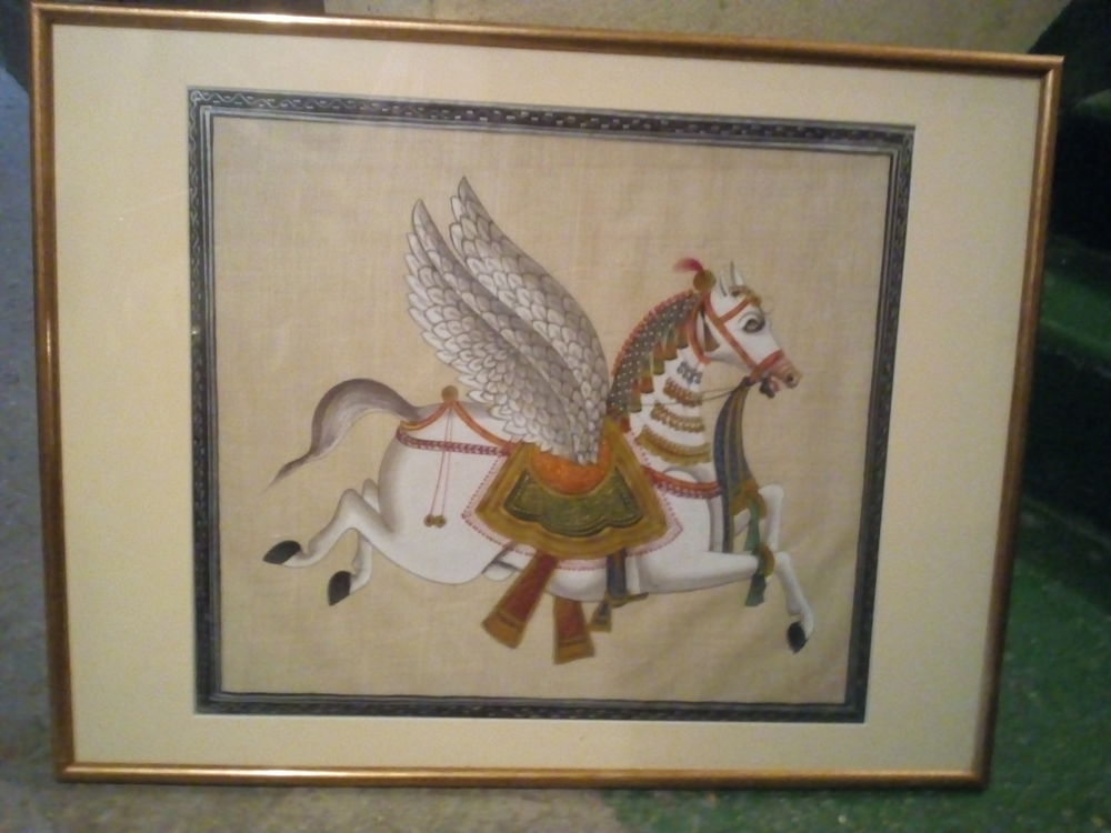 Gravure sous verre encadr&eacute; en bois repr&eacute;sentant un cheval Décoration