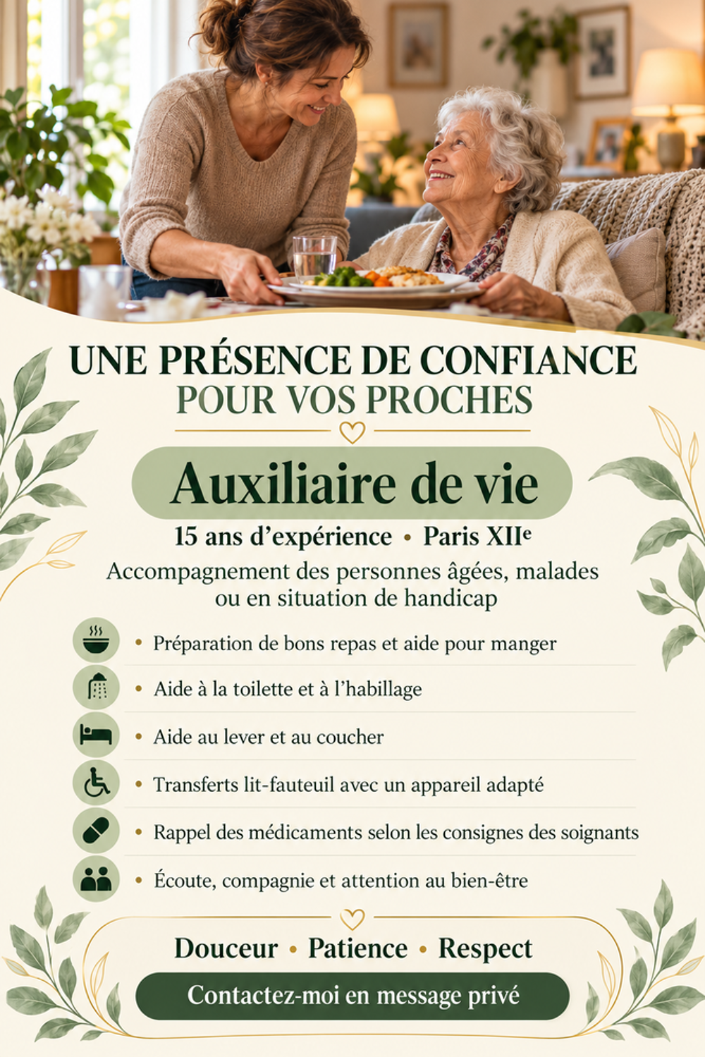   Auxiliaire de vie avec 15 ans d'expérience, j'habite à Paris 