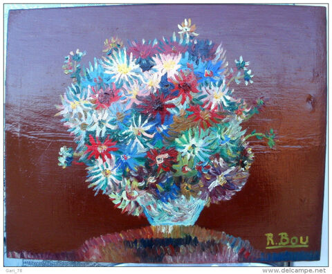 Bouquet de fleurs dans un vase Huile sur toile sign�e R. BOU 40 Montauban (82)