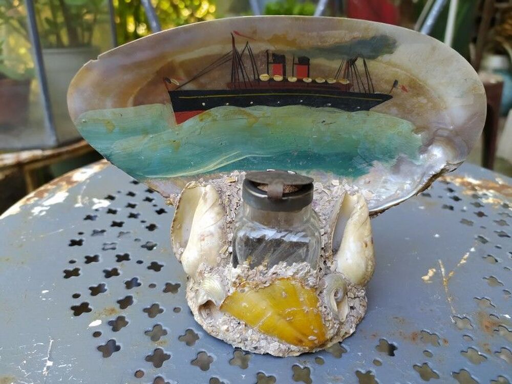 Souvenir D&eacute;but XX&egrave;me Encrier Coquillage Peint Paquebot 