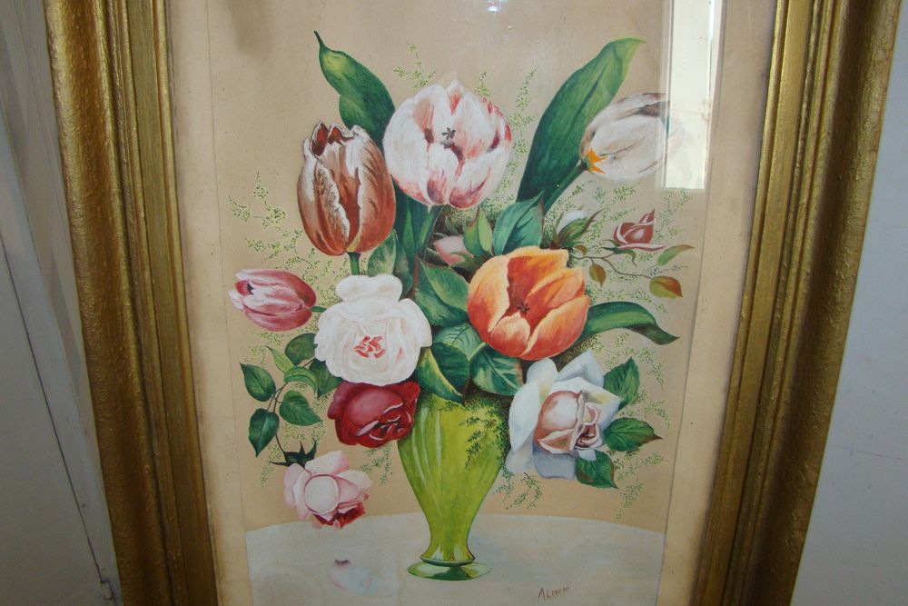 Tableau ancien sign&eacute; - aquarelle " Bouquet de fleurs " Décoration
