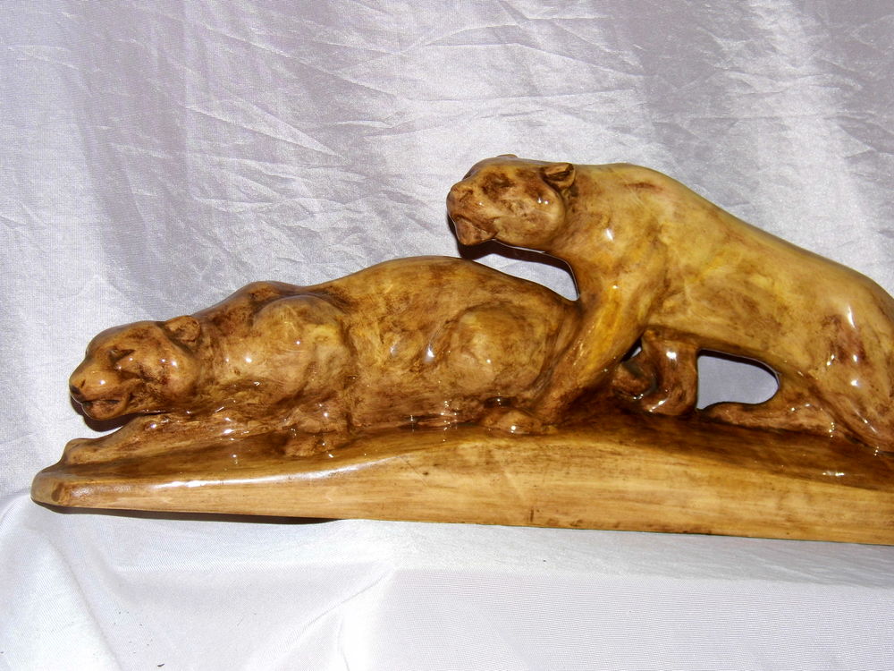 Sculpture lion lionne felin faience craquel&eacute;e vintage ann&eacute;es 60 r&eacute;tro Décoration