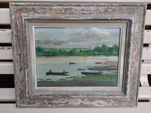 Tableau Ancien Paysage Lacustre Barques Pêcheurs 90 Loches (37)
