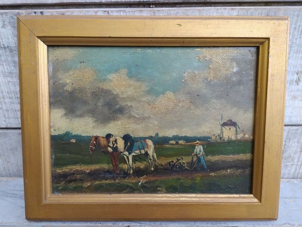 Tableau Sc&egrave;ne Paysanne Chevaux Labours Villejuif Moulin 