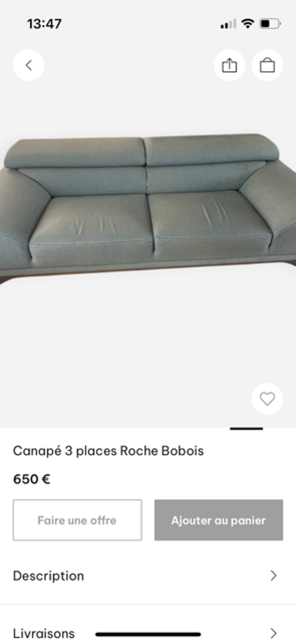 Canap&eacute; moderne en cuir de buffle bleu azur de roche bobois Meubles