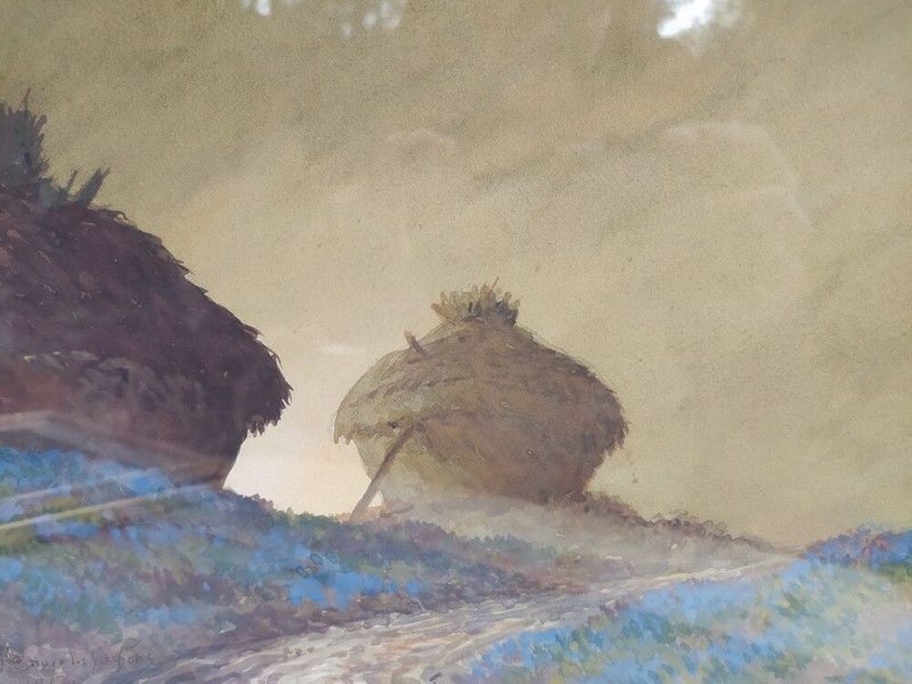 ANDR&Eacute; DES GACHONS Tableau Aquarelle Meules de Foin Campagne 