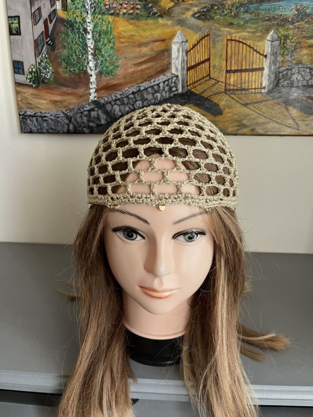 Chapeau Toque Bonnet Beige paillettes perles Vêtements