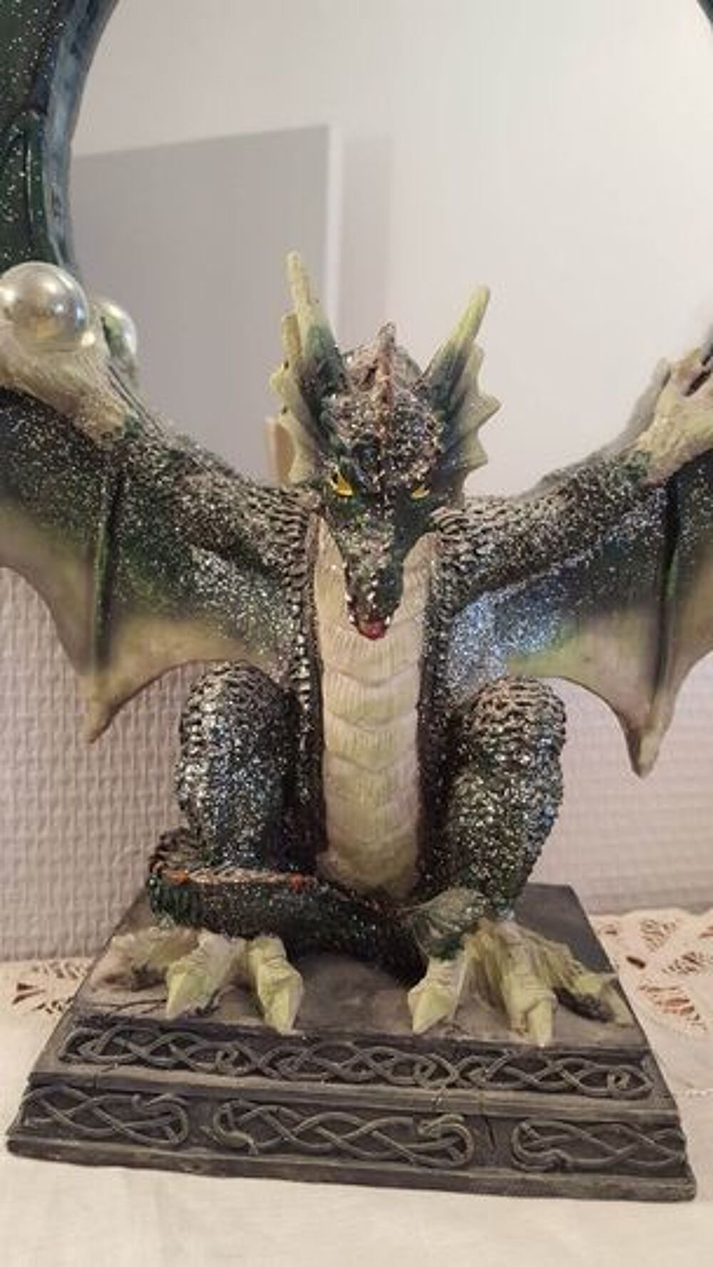  Miroir grand dragon vert sign&eacute; peint main N&deg;1162 