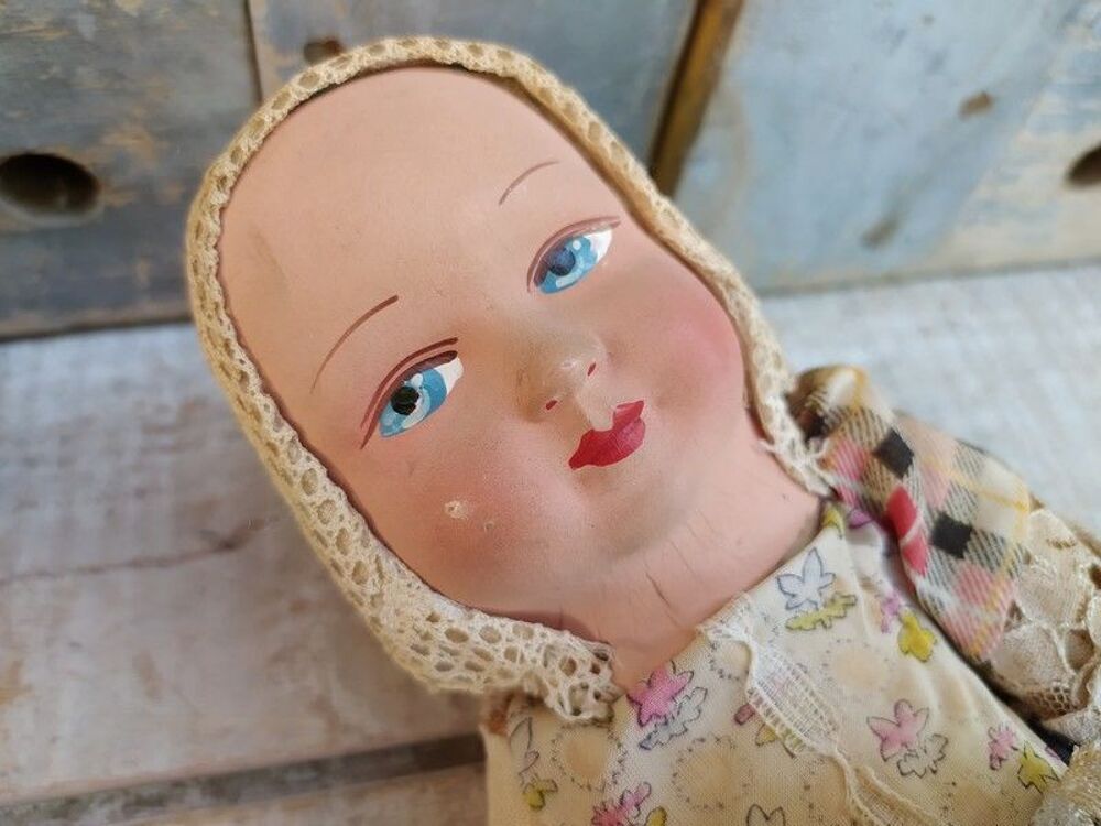 Ancienne Poup&eacute;e Chiffon T&ecirc;te Carton Bouilli 
