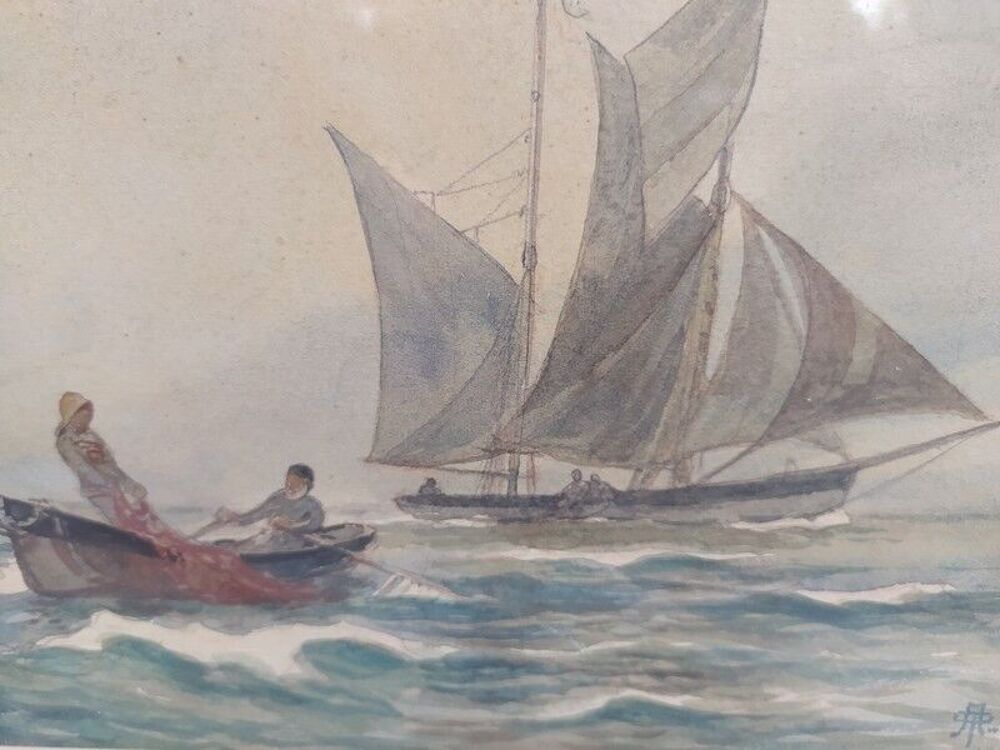 ANDR&Eacute; DES GACHONS Tableau Aquarelle Marine Bateau de P&ecirc;che 
