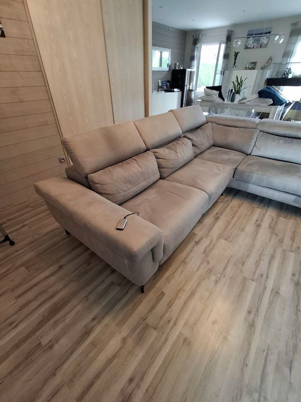 Canap&eacute; 3/ 4 places meridienne avec tetieres tissu gris clair Meubles