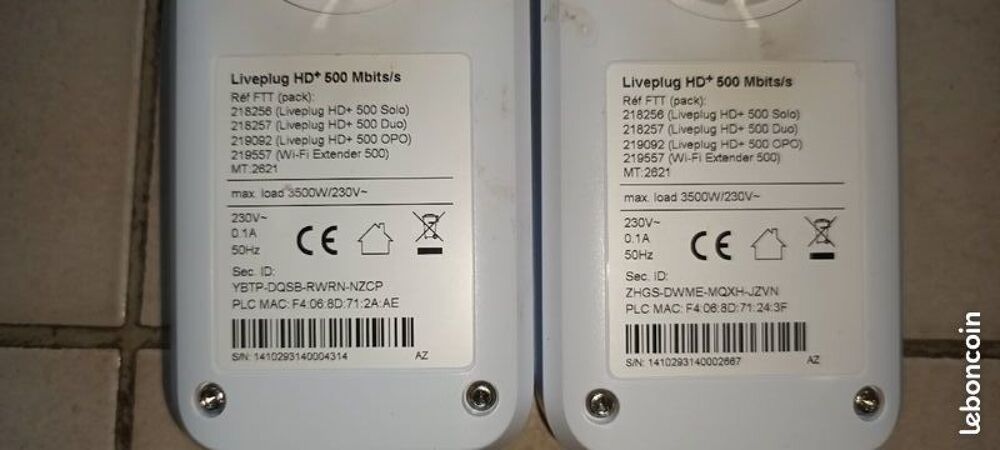 Lot de 2 Liveplug HD+ (500 Mbits/s) ORANGE + c&acirc;bles
Matériel informatique