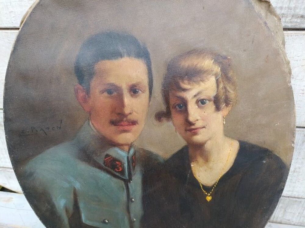 Tableau Zacharie Baton Couple Militaire R&eacute;giment 14-18 Décoration