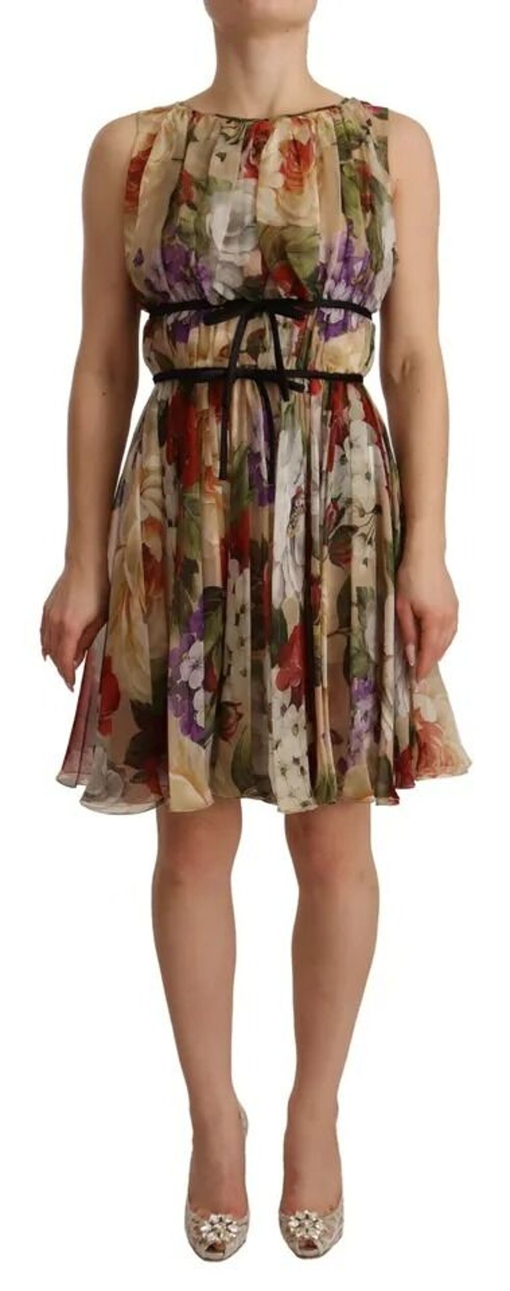 Robe mini beige &agrave; fleurs sans manches et col rond D&amp;G Vêtements