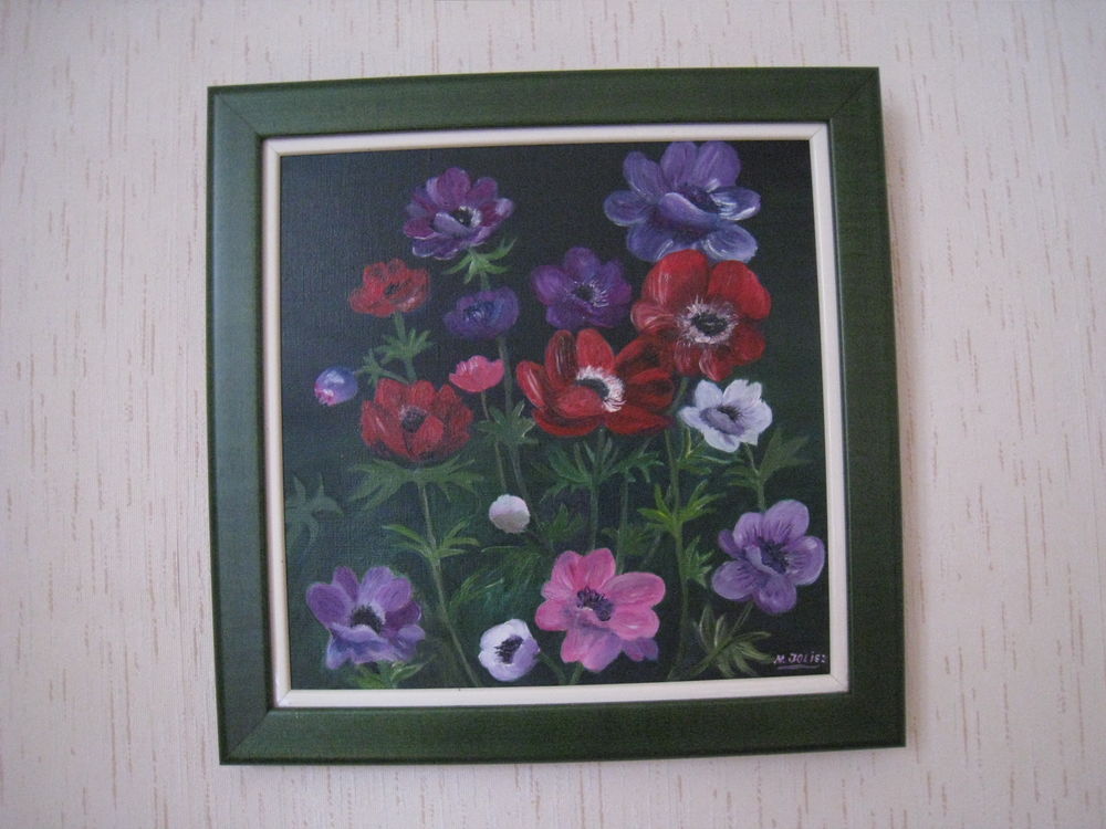 Tableau an&eacute;mones sign&eacute;, encadr&eacute; 37X37 Décoration