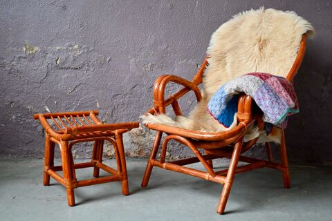 Fauteuil coquille et son ottoman adulte en rotin vintage 340 Wintzenheim (68)