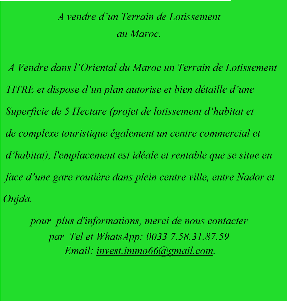 Vente Terrain d'un Terrain de Lotissement au Maroc. Paris 