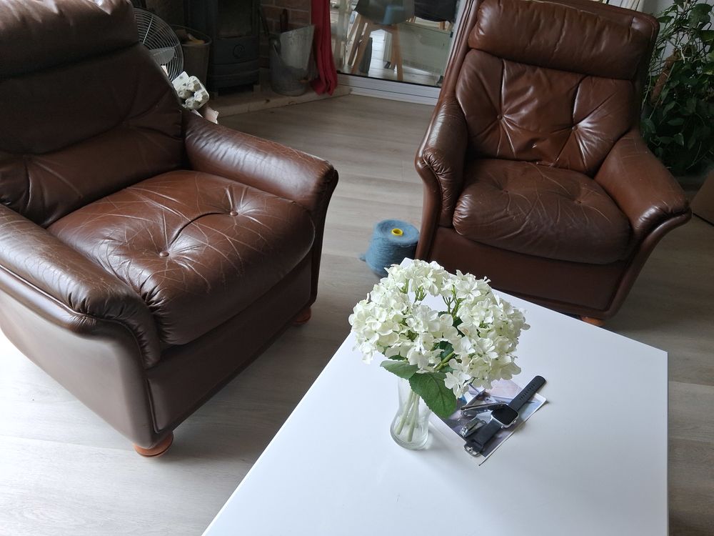 Fauteuil cuir marron salon tr&egrave;s chaleureux ! Meubles