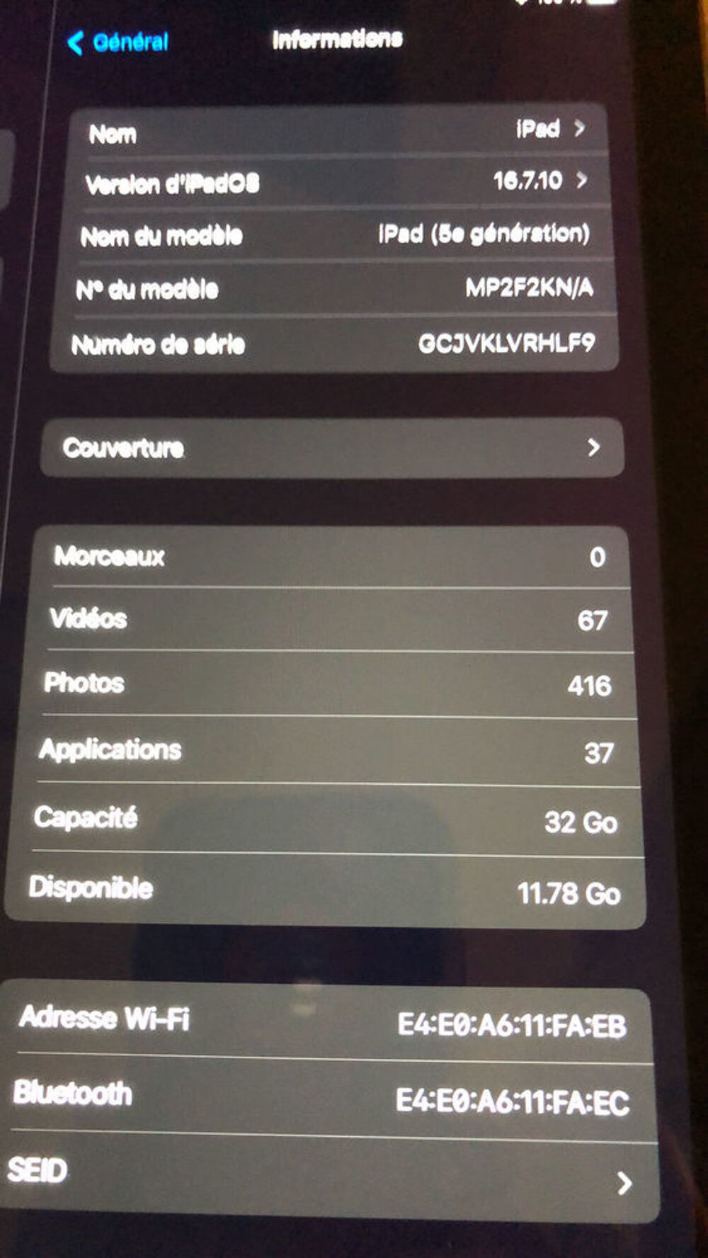 iPad iOS 17.7.10 . 5 eme g&eacute;n&eacute;ration Téléphones et tablettes