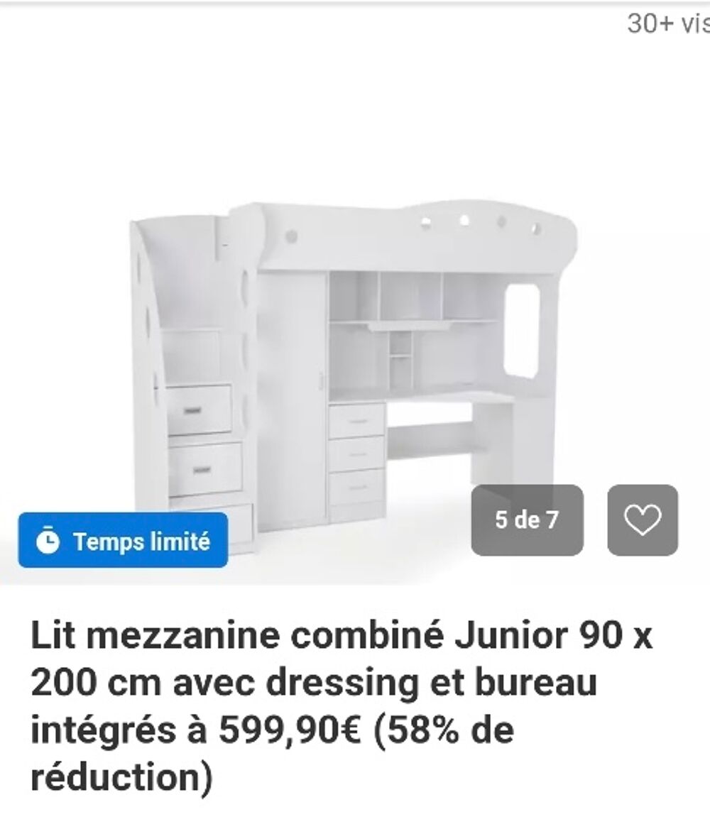 Lit mezzanine combin&eacute; dressing avec bureau pour une personne Mobilier enfants