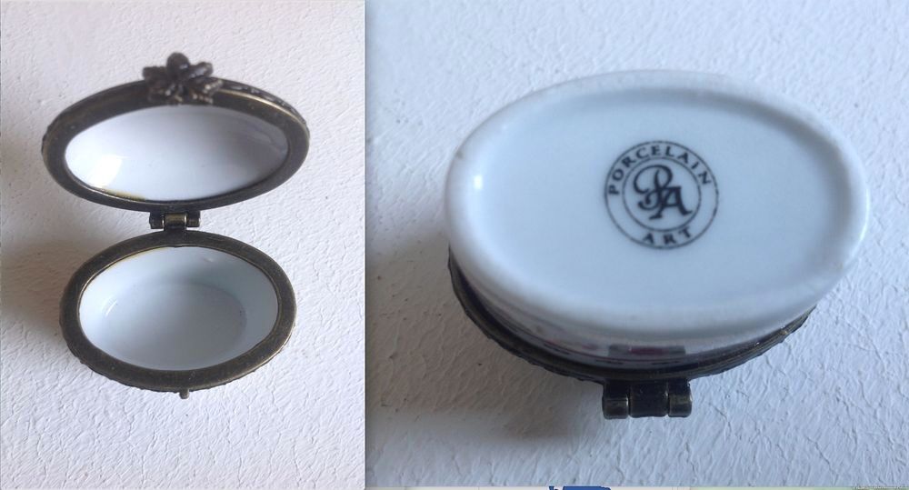 BOITE OVALE PORCELAINE BOMB&Eacute;E D'ART FERMOIR FLEURS Envoi Pos 