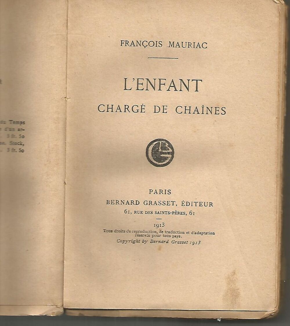 Fran&ccedil;ois MAURIAC L'enfant charg&eacute; de chaines - Grasset - 1926 Livres et BD