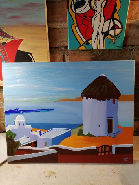 TABLEAU A L HUILE SUR TOILE COTON VILLAGE ET MER 110 Anduze (30)