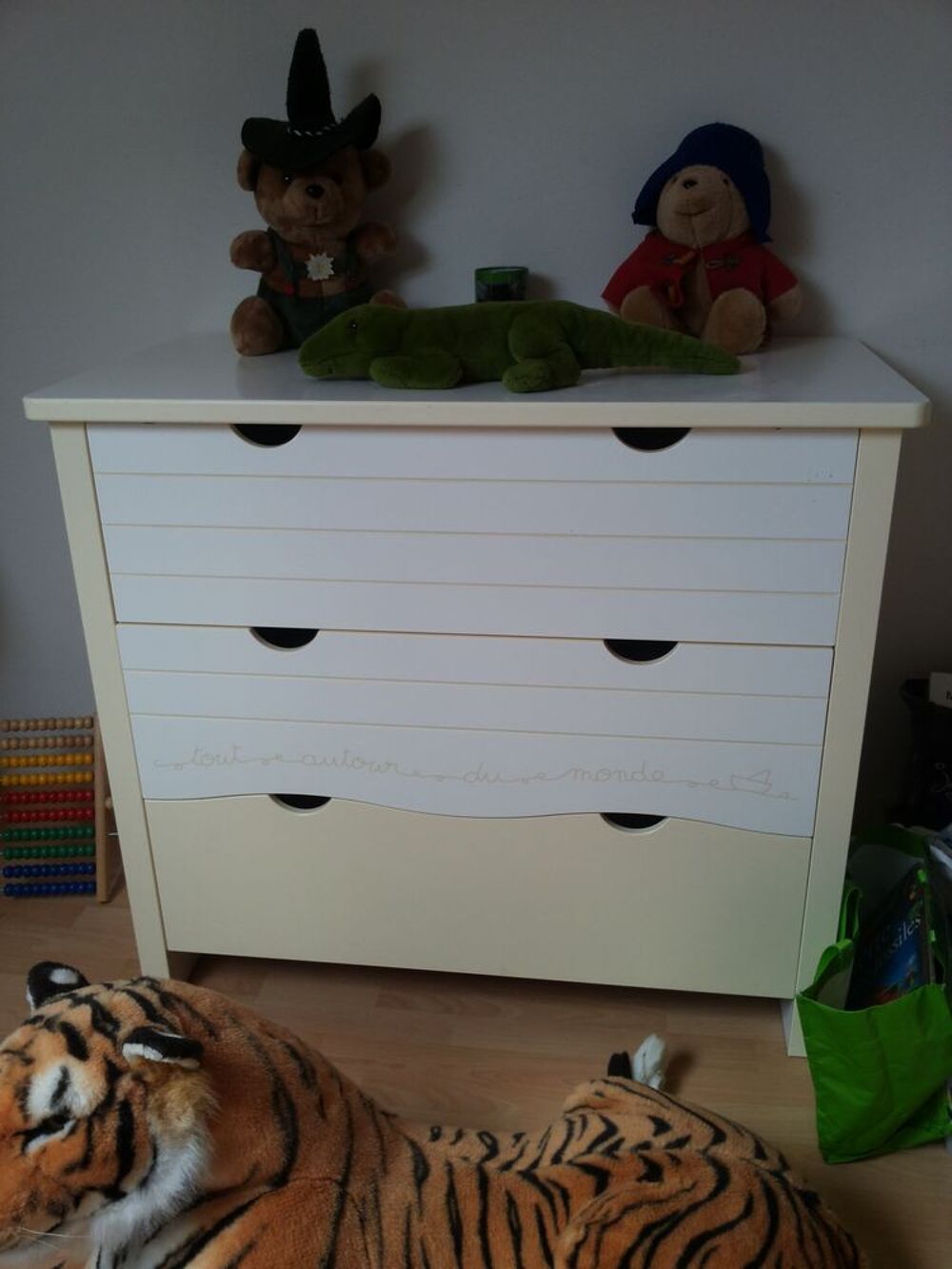 Commode &agrave; 3 Tiroirs Larges- bois Ch&ecirc;ne Ecru/Blanc- "Sauthon" Mobilier enfants